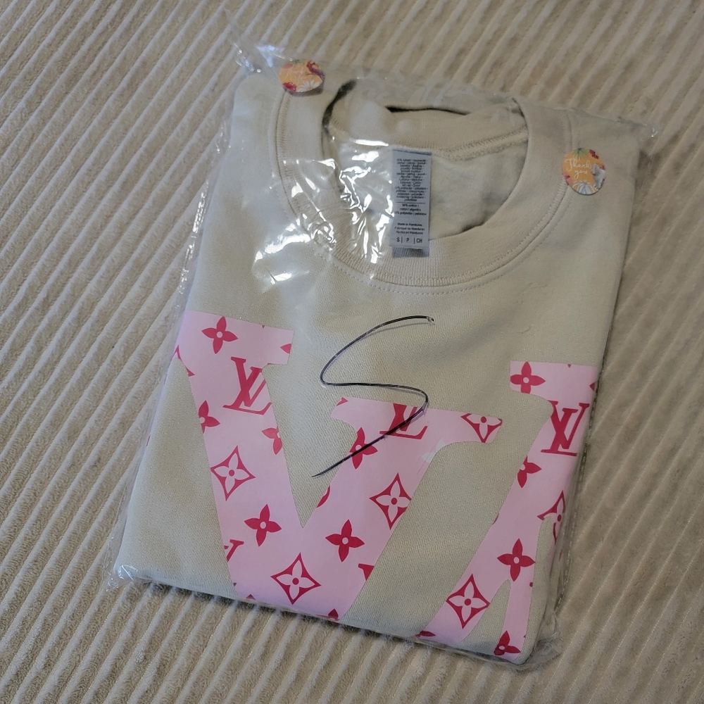 Last One! Beige and Pink Sweater With Dripping Letters Design